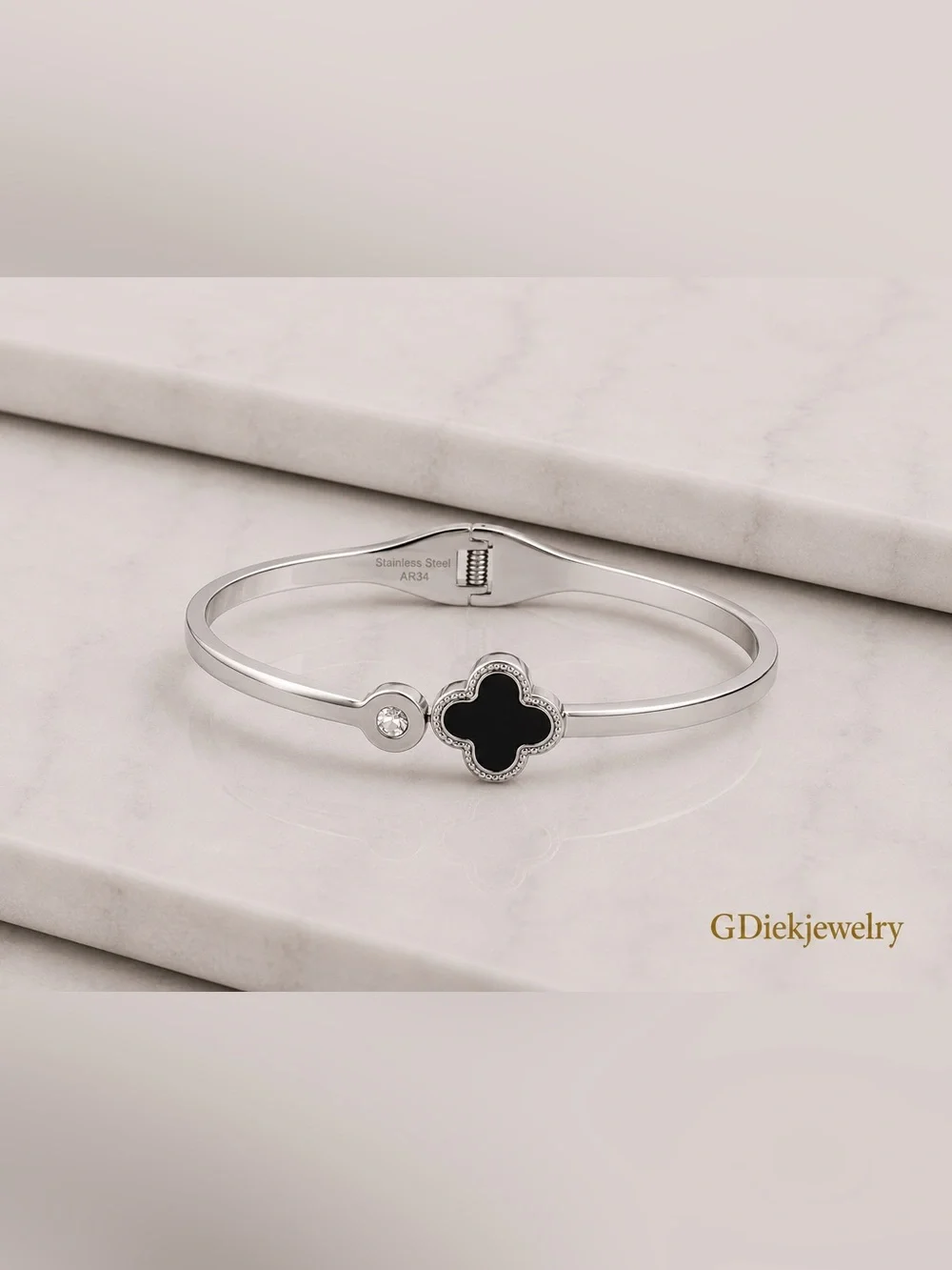Stainless Steel Black Clover Bangle Bracelet with Crystal Accent